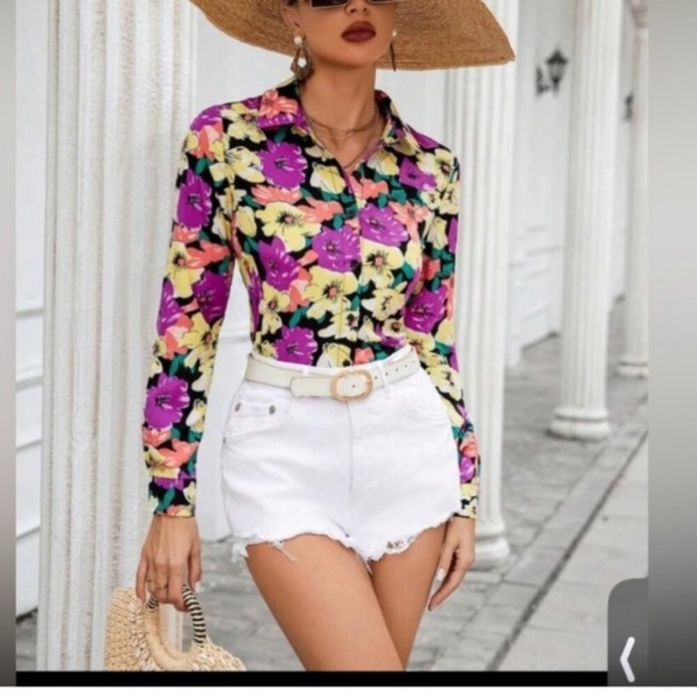 VCAY Full Floral Printed Long Sleeve Women'S Shirt size  S new without tag - Picture 3 of 9
